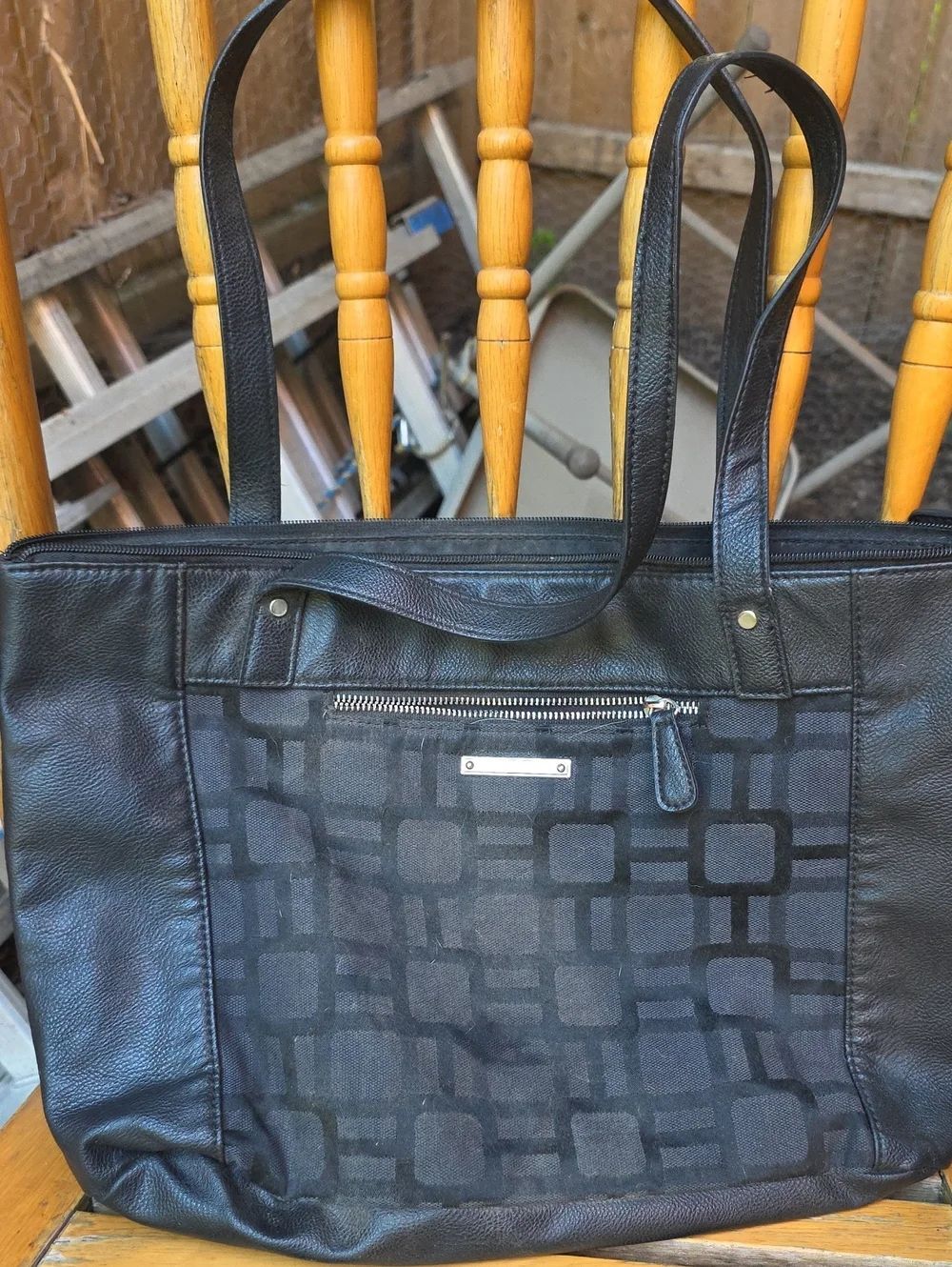 Nine West Black Faux Leather Tote with Square-Pattern Canvas